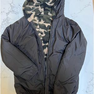 Zadig & Voltaire reversible black and camo zip up jacket with attached hood